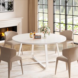 LVB Round Dining Table, Modern Wood Metal Kitchen Table, Industrial Small Dinner Room Table for 4 to 6 People, Circle Coffee Dining Room Table for Home Kitchen Living Room,White Oak, 51 Inch