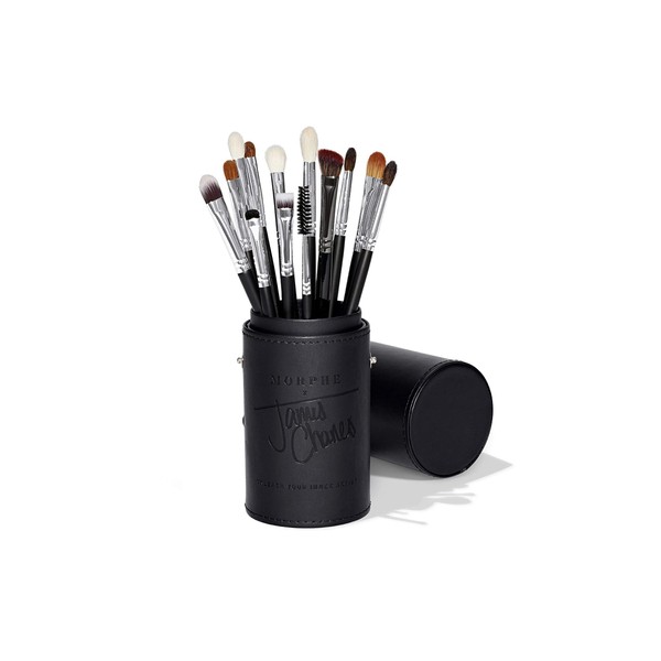 Morphe x James Charles Eye Brush Set - Curated Set of 13 Full-Sized Eye Brushes for Creating Colorful, Blended Looks On-The-Go - Natural and Synthetic with a Custom Tubby