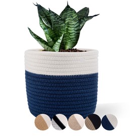 Oradrem Cotton Rope Plant Basket Woven Baskets for 6" Pot Floor Indoor Planters,Rustic Home Decor H6 3/4" x W6 1/2" White Stitching Navy Blue