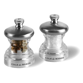 Cole & Mason Button Salt and Pepper Mill Set, Adjustable Precision+ Mechanism, Small 65mm Salt and Pepper Grinder Set Ideal for Picnics, Stainless Steel/Acrylic