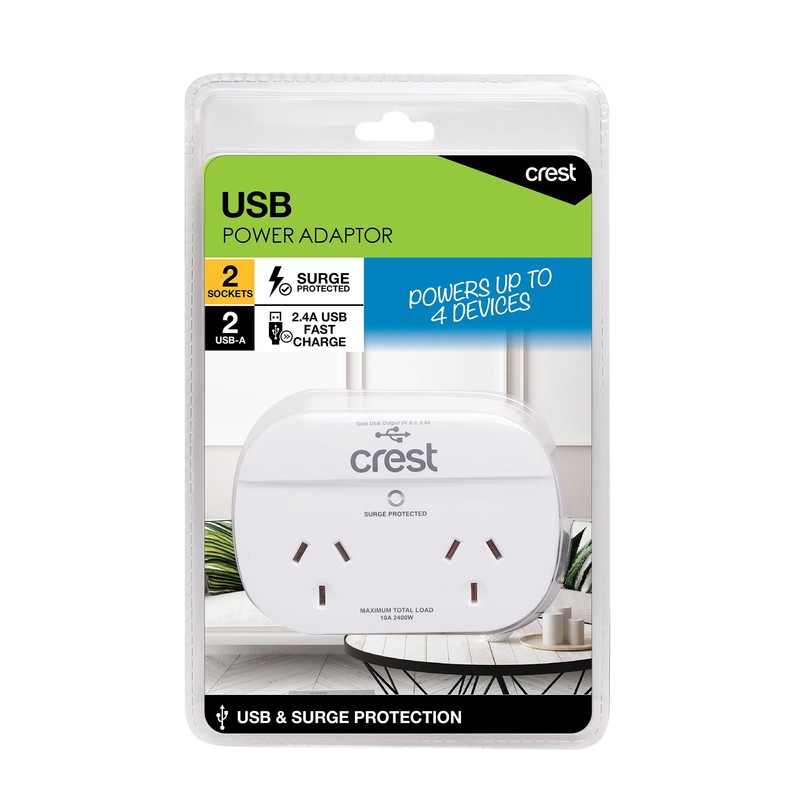 Crest Power Adaptor 2 Socket 2 USB Surge Protected