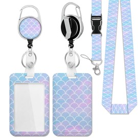 Mermaid Fish Scale Lanyards for Id Badges,ID Badge Holder and Retractable Reel Clip Lanyard with ID Card Nametag Badge Holder for Nurse Teacher