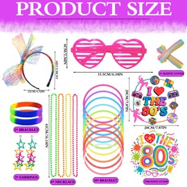 DONGZQAN 24PCS 80s Fancy Dress for Women, 80s Accessories for Women, 1980s Outfits for Women with Tape Earrings Necklace Bracelet Mesh Sleeve 80s Retro Theme Party Decoration (Colourful)