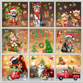 Geyoga 98 Pcs 6 Sheets Christmas Cat Window Clings Sticker Christmas Window Decals for Glass Xmas Window Decorations for Home Party Christmas Party Supplies