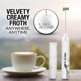 Zulay Froth N Go Milk Frother Rechargeable - 3-in-1 Frother Wand With Case & USB-C Charger - Comes With 3 Whisk Attachments for Latte, Cappuccino, Matcha, Protein Shakes - White Marble