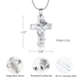 Rose Flower Cremation Jewellery for Ash Pendant - Rose Flower Cross Urn Necklace with Mini Keepsake Urn Memorial Ash Jewellery, Stainless Steel, No Gemstone