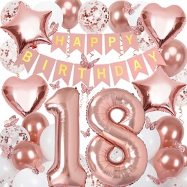 18th Birthday Decorations for Girls, Rose Gold 40 Inch Number 18 Foil Birthday Balloons with Happy Birthday Banner and Butterfly Stickers