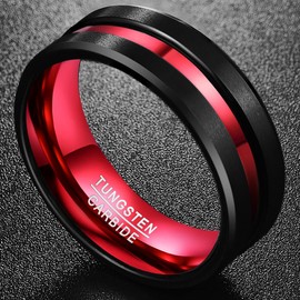 Nuncad Unisex Tungsten Carbide Ring, Comfort Fit, Perfect for Parties, Weddings, Engagement and Hobbies, Tungsten, black/red