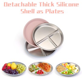 ShineMe Stainless Steel Kids Plates 2 Pack, 9”Suction Plates for Baby with Removable Colored Silicone Sleeves, Unbreakable Toddler Divided Plate Non Toxic for Snack, Meal...