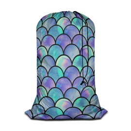 Swono Heavy Duty Large Laundry Bag Mermaid Scales 1 Pack 28 x 40 Inch, Watercolor Rainbow Sea Life XL Drawstring Travel Organizer Bag Tear Resistant Dirty Cloth Storage 4 Loads of Clothes, Ocean Theme