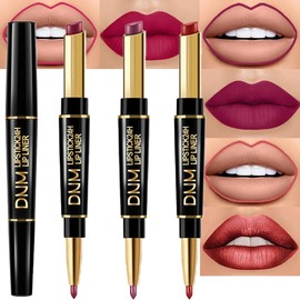 evpct 3Pcs Plum Purple Wine Mauve Red Lip Liner and Lipstick Set for Women DNM Matte Matt 24 Hour Lipstick Pen and with Lip Liner Pencil Set Long Lasting 24 labial labiales mate 24 horas originales