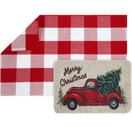 Tinideya 2 Pcs Christmas Door Mat Combo Set 24" x 35" Red and White Buffalo Plaid Rug 15" x 28" Merry Christmas Truck Door Mat Xmas Front Door Entrance Mat for Outdoor Porch Holiday Decoration
