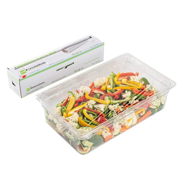 Restaurantware Base 18 Inch x 2000 Feet Cling Wrap, 1 Roll Microwave-Safe Cling Film - With Removable Slide-Cutter, BPA-Free, Clear Plastic Food Wrapping Film, Securely Seal & Keep Food Fresh