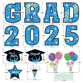Up to 50” 14PCS Graduation Yard Signs Class of 2025, PP Safe Material Waterproof Outdoor Graduation Decoration Lawn Signs with Stakes, Large Congrats Grad Banner Decor for College School Party Blue