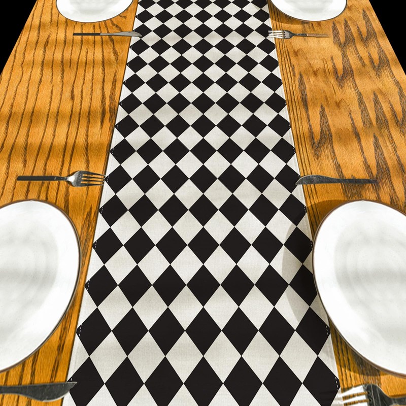 Black and White Diamond Table Runner Tea Themed Party Decor
