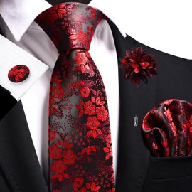 GUSLESON Red Tie for Men Floral Wedding Silk Necktie Pocket Square Cufflinks and Lapel Pin Brooch Set (6107-11)