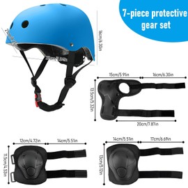 KATLKIU Children's Protective Helmet Set with Adjustable Helmet, Knee Pads, Elbow Pads and Wrist Rest for Skating, Biking, Skating, Scooter and Other Outdoor Sports (Blue)