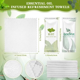 50 Pcs Moist Towelettes Individually Wrapped Scented Disposable Face Towels Essential Oil Infused Moist Terry Cotton Towel for Use Hot or Cold Travel Body Spa (Mint, Eucalyptus Leaves)