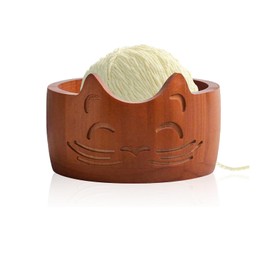 RoseFlower Wooden Yarn Bowl, 6.5 Inch Yarn Bowl with Cat Face Wool Bowl, Yarn Storage with Carved Holes for Knitting Crochet for Home