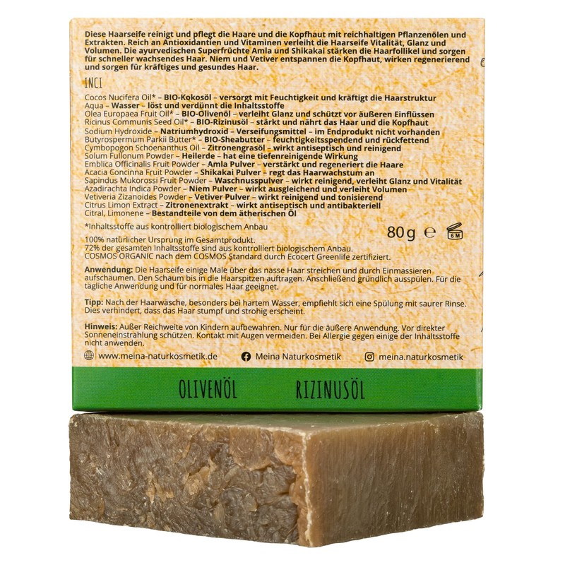 Meina Natural Cosmetics Organic Hair Soap, Vegan Shampoo Bar With