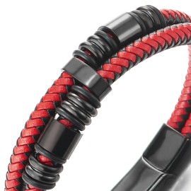 COOLSTEELANDBEYOND Men's Double Lap Braided Leather Bracelet Leather Sweatband Stainless Steel Charm, Black and red leather, No gemstone