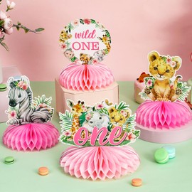 Safari 1st Birthday Decorations Girl, Wild One Honeycomb Centerpieces for Table, Double-Sided Printing Pink Jungle Safari Animal Honeycomb Centerpieces for Girl 1st Birthday Decorations