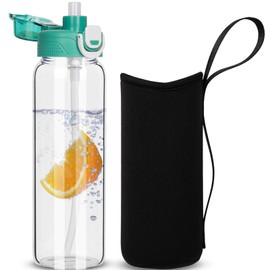 DEARRAY 26 oz Sports Glass Water Bottle with Straw & Neoprene Sleeve BPA free Glass Drinking Bottle for Gym, Travel, Smoothie