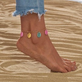 Atentuyi White Seashell Anklet Bracelet Cowrie Shell Anklet Summer Beach Anklet Turquoise Boho Anklet Surfer Anklet Beads Beaded Anklets Set Gold Starfish Anklet Jewelry for Women and Girls