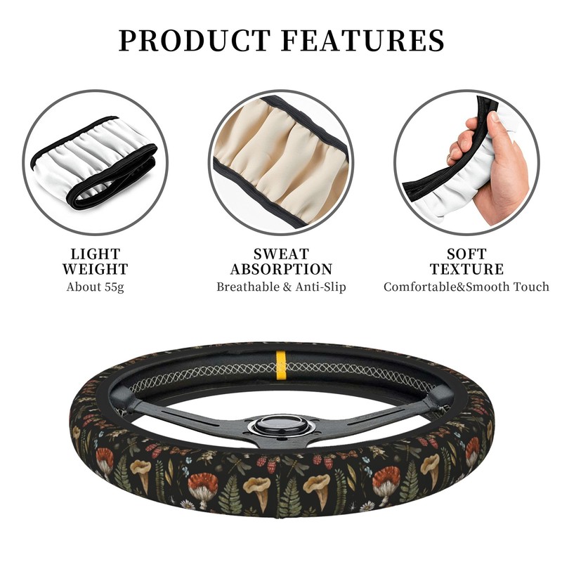 Vintage Mushroom Leaf Steering Wheel Cover for Women, Universal 15