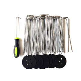 CGAIBE 50 PCS 6 Inches Galvanized Landscape Staples, 50 PCS Gaskets and 1 Pick Hook, Heavy Duty Anti-Rust Garden Stakes for Weeds Barrier Sod Fabric Decorations Ground Cover