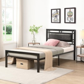 espidoo Twin Size Metal Bed Frame: Sturdy Steel Structure with Upholstered Headboard for Homeowners & Renters - Easy Assembly No Box Spring Needed Modern Black Bedroom Solution