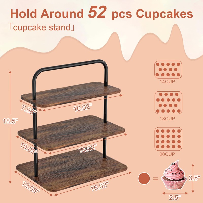 VyGrow Cupcake Stand, 3-Tier Dessert Stand for 52 Cupcakes, Wood