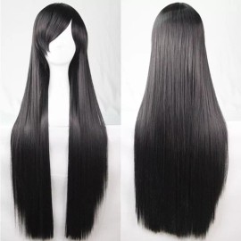 PreAsion 80cm Straight Sleek Long Full Hair Wigs Side Bangs Universal Headgear Anime Cosp
