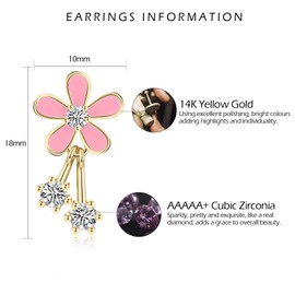 VYYU Gold Flower Earrings for Women Girls, Beautiful Daisy Ear Studs with Tiny Crystals Dangle | Yellow Gold Plated Sleeper Hypoallergenic Earings Bloom Jewellery Christmas Birthday Gifts, Pink