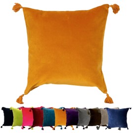 Ragged Rose Velvet Cushion Covers - Sasha Square Tassel Cushion Covers 45cm x 45 cm - Soft, Elegant, Luxury Cotton Velvet Fabric Pillow Cases for Lounge Area & Bedroom, Mustard