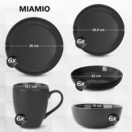 MIAMIO – Service for 6 Dishware Set/Stoneware Dinnerware Set – Including Plates, Bowls and Mugs – Microwave & Dishwasher Safe – Le PaPillon Collection (Black, 30-Pieces)