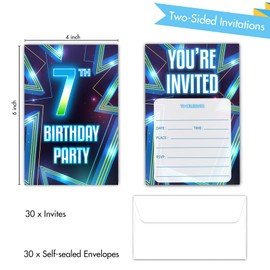 Neon 7th Birthday Party Invitations, Blue Invitation Cards with Envelopes (30PACK), Seventh Birthday Supplies Fill-in Invites for Boys, Girls, Kids