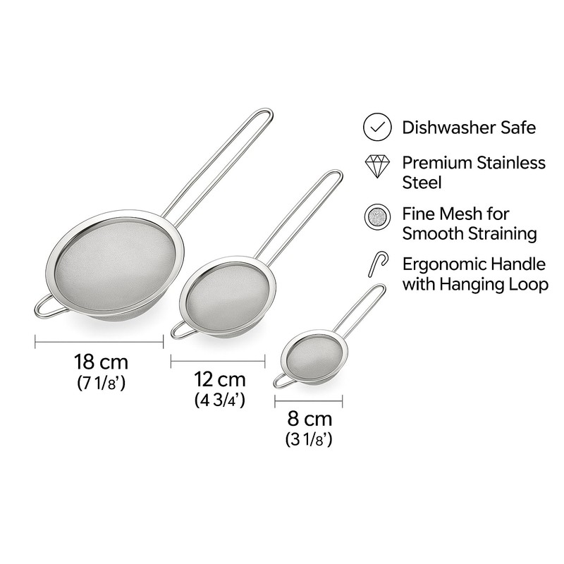 Stainless Steel Sieve Set – 3 Sizes (18cm, 12cm, 8cm)