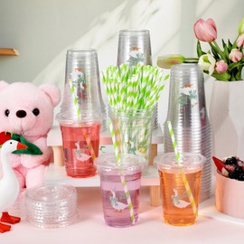 Qinyoung 50 Pcs Silly Goose Birthday Party Disposable Plastic Cups with Lids and Straws 16oz Cute Cold Beverage Drinking Cups for Baby Showers One Silly Goose Party Supplies Decorations(Green)