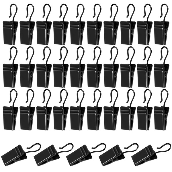 50 Pcs Stainless Steel Curtain Clips with Hooks, Metal Curtain Hanging Hooks, Small Shower Curtain Hooks Hanger for Curtain Photos Home Decoration Party Wire Holder Art Craft Display (Black)