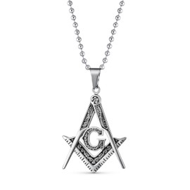 Bling Jewelry Set of Two Black Oxidized Large Freemason Secret Society Square & Compass Masonic Symbol Pendant Necklace for Men Silver Gold Plated Tone Stainless Steel with Bead Chain