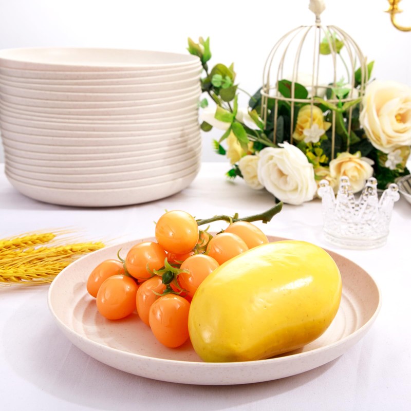 LIYH 20pcs Wheat Straw Plates 9Inch, Beige Reusable Plastic Plates,