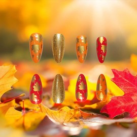 Maple Leaf Press on Nails Fall Leaves Stick on Fingernails 24Pcs Thanksgiving Medium Almond False Nails Glossy Gold Glitter Acrylic Fake Nail Yellow French Gel Glue on Nail for Coquette Women Girls