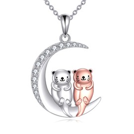 YONFQE Otter Necklace 925 Sterling Silver Moon Pendant Friendship Jewelry Gift for Women