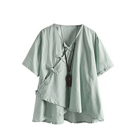 Minibee Women's Linen Retro Chinese Frog Button Tops Blouse Green L