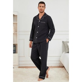 U2SKIIN Mens Button Down Pajamas Set Soft Classic Lapel Sleepwear Long Sleeve Flannel Top & Pants Set(Black, XL)