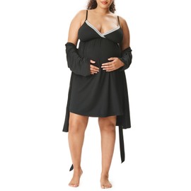 Motherhood Maternity Womens Nursing Nightgown and Robe Set for Labor Delivery and Breastfeeding, Core Black, Large
