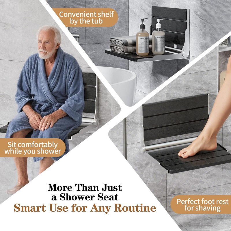 AKIMRABY Folding Shower Seat Wall Mounted, 15" Folding Shower Bench