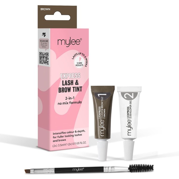 Mylee Express Eyelashes & Eyebrow Kit - 2-in-1 No Mix Formula Tint + Developer Gel + Double-Sided Brush, Professional Eyelash and Eyebrow Colour, Durable, Semi-Permanent (Brown)