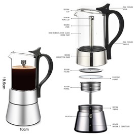 Walktosun Premium Thickened 304 Stainless Steel Moka Pot Stovetop Espresso Maker Espresso Maker Cafeteras Italian Capable Mocha Coffee Machine for Home & Camping 200ml 6.6oz（Black,espresso cup=40ml